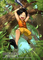 Rule 34 | 1boy, aged down, arms up, black hair, child, commentary request, copyright name, elbow pads, forest, freckles, grass, holding, incoming attack, leaf, male focus, muraicchi (momocchi), nature, official art, one piece, one piece card game, open mouth, orange tank top, portgas d. ace, shorts, single elbow pad, smile, solo, tank top, teeth, upper teeth only, yellow shorts