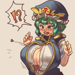 Rule 34 | !?, 1girl, aqua eyes, blue hat, blush, breasts, chanta (ayatakaoisii), cleavage, frilled hat, frills, green hair, hands up, hat, large breasts, open mouth, popped button, shiki eiki, short hair, simple background, solo, tan background, touhou, upper body