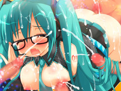Rule 34 | 1girl, ass, blue hair, breasts, bukkake, censored, cum, cum on ass, cum on body, cum on breasts, cum on hair, cum on upper body, emily (pure dream), closed eyes, facial, group sex, glasses, group sex, hairjob, hatsune miku, hetero, long hair, microphone, multiple penises, necktie, open mouth, penis, sex, twintails, vocaloid