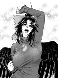 Rule 34 | 1girl, alternate costume, antenna hair, arm up, bird wings, bow, breasts, casual, commentary request, contemporary, glowing, glowing eye, greyscale, hair bow, half-closed eyes, head tilt, high ponytail, koyubi (littlefinger1988), large breasts, long hair, long sleeves, looking at viewer, monochrome, open mouth, reiuji utsuho, sleeves past wrists, slit pupils, smile, solo, sweater, taut clothes, taut sweater, third eye, touhou, unaligned breasts, upper body, wings