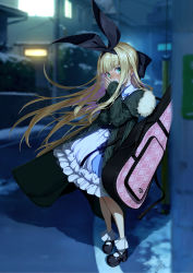 Rule 34 | 1girl, absurdres, black bow, black footwear, blonde hair, blue dress, blush, bow, breath, building, coat, collared dress, commentary request, covering own mouth, dress, floating hair, frilled dress, frills, full body, fur trim, green eyes, guitar case, hair bow, hairband, highres, house, instrument case, kukik0701, long hair, looking at viewer, mary janes, mononobe alice, mononobe alice (1st costume), nijisanji, open clothes, open coat, outdoors, own hands together, road, shoes, snow, solo, street, very long hair, virtual youtuber, white legwear, winter, winter clothes