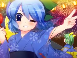 Rule 34 | 2girls, adaajt, adapted costume, aerial fireworks, alternate costume, arms up, blue eyes, blue hair, bow, cirno, daiyousei, fireworks, green hair, grin, hair bow, hair ribbon, japanese clothes, kimono, lantern, multiple girls, obi, open mouth, ribbon, sack, sash, short hair, side ponytail, smile, snowflakes, touhou, v, wings, wink