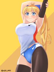 Rule 34 | 1girl, a unir, absurdres, armpits, arms up, asymmetrical legwear, black thighhighs, blonde hair, blue eyes, blunt bangs, blush, breasts, buruma, cameltoe, closed mouth, commission, contrapposto, cowboy shot, detached sleeves, from below, highres, large breasts, long hair, looking at viewer, original, ponytail, product placement, see-through silhouette, shirt, simple background, single sleeve, skindentation, sleeveless, sleeveless shirt, smile, solo, sports bikini, sportswear, stretching, thighhighs, twitter username, very long hair