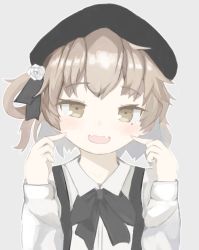 Rule 34 | 1girl, :d, bad id, bad pixiv id, black bow, black hat, black ribbon, blush, bow, brown eyes, collared shirt, commentary request, fangs, flower, grey background, hair rings, hat, hatoba tsugu, light brown hair, long hair, long sleeves, mole, mole under eye, one side up, open mouth, pointing, pointing at self, ribbon, rose, sa ka (sakanoya), shirt, simple background, smile, solo, suspenders, virtual youtuber, white flower, white rose, white shirt