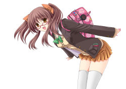 Rule 34 | 1girl, :d, atlus, bag, bow, brown hair, cardigan, fang, glasses, kujikawa rise, mikoto akemi, nail polish, open mouth, outstretched arms, persona, persona 4, school uniform, simple background, skirt, smile, solo, thighhighs, twintails, white background, white thighhighs, yellow eyes