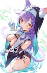 Rule 34 | 1girl, animal ears, ass, breast curtains, breasts, cat ears, cat girl, cat tail, cleavage, covered erect nipples, curvy, dress, fish, gloves, headdress, highres, large breasts, looking at viewer, misekiss, nun, original, purple hair, revealing clothes, solo, tail, thick eyebrows, thigh strap, thighs, unzipped, white gloves, yellow eyes, zipper