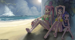 Rule 34 | 3girls, :&lt;, against wall, age difference, armpits, arms up, bad feet, barefoot, beach, bikini, blue hair, blunt bangs, bored, bracelet, breasts, child, cleavage, cloud, coca-cola, copyright request, crotch, dated, day, feet, forehead, glasses, graffiti, hair ornament, hairpin, head rest, highres, jewelry, large breasts, leaning, legs, lightning, looking at viewer, multicolored hair, multiple girls, ocean, on ground, one-piece swimsuit, oppat, outdoors, pink hair, raichi (litchixlitchi), sand, school swimsuit, short hair, side-tie bikini bottom, sitting, soda, soles, storm, swimsuit, toes, twintails, underboob, wallpaper, water