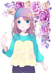 Rule 34 | 1girl, absurdres, baseball cap, blue eyes, blue hat, blue shirt, blush, brown hair, camisole, commentary request, flower, gradient hat, hand up, hat, highres, hiroshi (jasinloki), long hair, long sleeves, looking at viewer, original, pants, parted lips, pink hat, pointing, pointing at self, purple flower, purple pants, purple rose, rose, shirt, solo, sparkle, standing, white background, yellow camisole