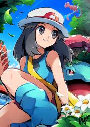 1girl ayo_(ayosanri009) blue_shirt breasts brown_eyes brown_hair closed_mouth creatures_(company) game_freak gen_1_pokemon gen_4_pokemon hat highres holding leaf_(pokemon) legendary_pokemon long_hair mew_(pokemon) mythical_pokemon nintendo pokemon pokemon_(creature) pokemon_day pokemon_frlg red_skirt rotom rotom_phone shirt skirt sleeveless sleeveless_shirt smile too_many_watermarks venusaur watermark wristband