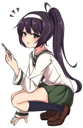 Rule 34 | 10s, 1girl, ^^^, ahoge, alternate hairstyle, arm at side, black hair, black socks, brown eyes, brown footwear, cellphone, chawan (yultutari), collarbone, dot nose, girls und panzer, green sailor collar, green skirt, hair ornament, hairband, hand up, high ponytail, highres, holding, holding phone, loafers, long hair, long sleeves, ooarai school uniform, open mouth, phone, pleated skirt, ponytail, reizei mako, sailor collar, school uniform, shirt, shoes, simple background, skirt, sleeve cuffs, smartphone, socks, solo, squatting, tsurime, white background, white hairband, white shirt