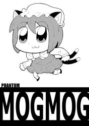Rule 34 | 1girl, :3, bkub, chen, dress, earrings, female focus, greyscale, hat, jewelry, monochrome, multiple tails, ribbon, solo, tail, touhou, white background