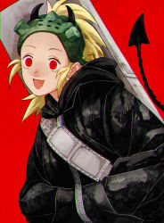 Rule 34 | 1girl, :d, black hoodie, blonde hair, case, demon horns, demon tail, dorohedoro, goggles, goggles on head, hands in pocket, highres, hood, hood down, hoodie, horns, looking at viewer, nikaidou (dorohedoro), open mouth, ponytail, red background, red eyes, simple background, smile, solo, tail, tsunko (9v2 q), wide-eyed