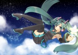 Rule 34 | 1girl, black thighhighs, blush, boots, detached sleeves, green eyes, green hair, hatsune miku, headphones, headset, ichinose natsuki, long hair, looking at viewer, matching hair/eyes, necktie, night, pleated skirt, skirt, sky, smile, solo, star (sky), star (symbol), thigh boots, thighhighs, twintails, very long hair, vocaloid, wide sleeves