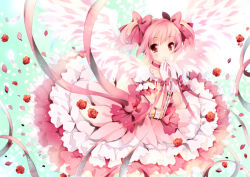 Rule 34 | 10s, 1girl, bad id, bad pixiv id, blush, bow, dress, flower, frilled dress, frills, gloves, hair bow, hands on own face, kaname madoka, magical girl, mahou shoujo madoka magica, mahou shoujo madoka magica (anime), pink eyes, pink hair, ribbon, rose, short twintails, smile, solo, twintails, ultimate madoka, wataame27, wings