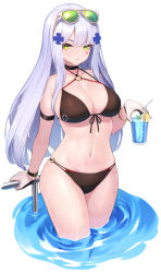 Rule 34 | 1girl, absurdres, bare arms, bare shoulders, bikini, black bikini, blush, bracelet, breasts, choker, cleavage, collarbone, commentary request, cup, drink, drinking glass, drinking straw, eyewear on head, facial mark, food, front-tie bikini top, front-tie top, fruit, girls&#039; frontline, green eyes, hair ornament, highres, hk416 (girls&#039; frontline), holding, holding cup, jewelry, large breasts, lemon, lemon slice, long hair, looking at viewer, mari0ball, multi-strapped bikini, navel, o-ring, o-ring bikini, o-ring bottom, o-ring top, parted lips, silver hair, simple background, skindentation, solo, sunglasses, swimsuit, very long hair, wading, water, wet, white background