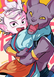 Rule 34 | 10s, 2boys, :d, abstract background, arms around neck, beerus, blush, dragon ball, dragon ball super, dragonball z, earrings, happy, hug, jewelry, kaioushin, looking at viewer, maddy, male focus, mohawk, multicolored background, multiple boys, open mouth, orange background, pink background, potara earrings, sharp teeth, shin (dragon ball), short hair, smile, teeth, twitter username, white background, white hair