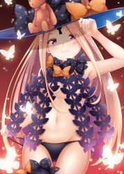 Rule 34 | 1girl, abigail williams (fate), abigail williams (third ascension) (fate), arm up, black bow, black hat, black panties, blonde hair, blush, bow, closed mouth, commentary request, fate/grand order, fate (series), fingernails, groin, hat, hat bow, head tilt, lifting own clothes, long hair, maccha, navel, orange bow, panties, panty lift, parted bangs, red eyes, revealing clothes, smile, solo, stuffed animal, stuffed toy, teddy bear, topless, underwear, very long hair, witch hat