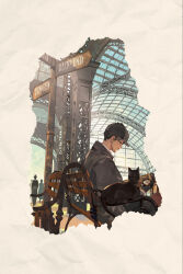 Rule 34 | 2boys, 2others, black cat, black hair, brown eyes, brown headwear, cat, ceiling, chinese commentary, cloud, cloudy sky, commentary request, day, facial hair, glasses, highres, klein moretti, looking at object, lord of the mysteries, multiple boys, multiple others, official art, on bench, pocket watch, sherlock moriarty, shirt, short hair, sitting, sky, train, train station, watch, white shirt, windbreaker