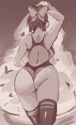 Rule 34 | 1girl, artist request, ass, bug, butterfly, highres, insect, kimetsu no yaiba, kochou shinobu, monochrome, one-piece swimsuit, solo, standing, swimsuit, thighhighs
