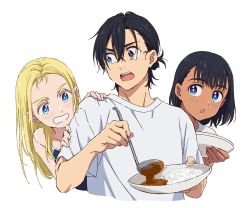 Rule 34 | 1boy, 2girls, ajiro shinpei, black hair, blonde hair, blue eyes, blush, brown hair, curry, curry rice, food, heterochromia, highres, holding, holding ladle, holding plate, kofune mio, kofune ushio, ladle, long hair, looking at another, looking back, looking to the side, multiple girls, open mouth, plate, rice, shirt, short hair, short sleeves, siblings, sisters, summertime render, sweatdrop, tan, white background, white shirt