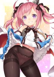Rule 34 | 1girl, ahoge, armband, azur lane, black ribbon, breasts, clothes lift, commentary request, detached sleeves, gloves, hair ribbon, jacket, lifting own clothes, looking at viewer, military jacket, navel, panties, panties under pantyhose, pantyhose, pink hair, purple eyes, ribbon, saratoga (azur lane), skirt, skirt lift, small breasts, solo, torimaru, twintails, underwear