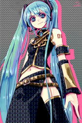 Rule 34 | 1girl, blue eyes, blue hair, cosplay, detached sleeves, hatsune miku, headset, long hair, matching hair/eyes, megurine luka, megurine luka (cosplay), naoto (sandersoniahirahira), navel, sarusaru naoto, solo, thighhighs, twintails, very long hair, vocaloid