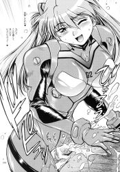 Rule 34 | 1boy, 1girl, absurdres, blush, breasts, clothed female nude male, cum, highres, long hair, manabe jouji, medium breasts, monochrome, neon genesis evangelion, nude, one eye closed, penis, plugsuit, scan, smile, souryuu asuka langley, thigh sex, translation request