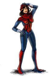 Rule 34 | 1girl, artist request, female focus, highres, image sample, long hair, looking at viewer, marvel, mask, unworn mask, may parker, mayday parker, pixiv sample, resized, solo, spider-girl, spider-man (series), superhero costume