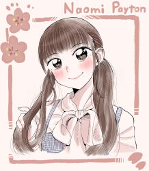 Rule 34 | 1girl, absurdres, animification, blue overalls, blush, brown eyes, brown hair, erako9, flower, head tilt, highres, holding, holding own hair, looking at viewer, low twintails, overalls, payton naomi, pink nails, pink shirt, portrait, real life, red flower, shirt, smile, solo, twintails, voice actor
