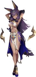 Rule 34 | 1girl, animal ear fluff, animal ears, armlet, armpits, arms behind head, bare legs, blue footwear, blunt ends, breasts, crossed legs, dark-skinned female, dark skin, egyptian, egyptian clothes, elbow gloves, eversoul, full body, game cg, gloves, gold, gold trim, hair ornament, highres, jackal ears, jackal girl, jackal tail, jewelry, light blush, long hair, looking at viewer, medium breasts, midriff, non-web source, official art, parted lips, platform footwear, purple hair, single elbow glove, single glove, solo, standing, tachi-e, tasha (eversoul), transparent background, underboob, watson cross, yellow eyes
