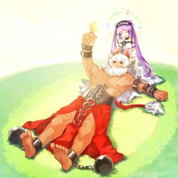 Rule 34 | 1boy, 1girl, asterios (fate), bad id, bad pixiv id, ball and chain (weapon), black sclera, bug, butterfly, colored sclera, euryale (fate), fate/grand order, fate/hollow ataraxia, fate (series), goya (xalbino), grass, horns, insect, lying, music, purple hair, red eyes, singing, twintails, white hair