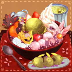 Rule 34 | (-3-), 00s, arceus, bad id, bad pixiv id, bowl, cherry, cherry blossoms, chibi, creature as food, creatures (company), cup, dessert, drink, food, food focus, fruit, game freak, gen 3 pokemon, gen 4 pokemon, gen 5 pokemon, giratina, giratina (origin), gulpin, ice, ice cream, in bowl, in container, in cup, in food, kabocha torute, kebab, legendary pokemon, mythical pokemon, nintendo, no humans, orange (fruit), palkia, petals, pokefood, pokemon, pokemon (creature), pokemon dppt, spoon, strawberry, tea, whipped cream, zorua