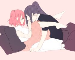 Rule 34 | 2girls, barefoot, between legs, black shirt, blue hair, cushion, eye contact, face-to-face, flat color, from side, hands on another&#039;s cheeks, hands on another&#039;s face, kurosawa ruby, looking at another, love live!, love live! sunshine!!, lying, matsuura kanan, multiple girls, on back, open mouth, pants, pink background, pink skirt, ponytail, red hair, shirasu uni, shirt, short sleeves, simple background, sitting, skirt, sleeveless, sleeveless shirt, two side up, white pants, white shirt, yuri