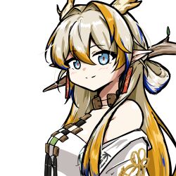 Rule 34 | 1girl, absurdres, arknights, bare shoulders, black outline, blonde hair, blue eyes, blue hair, breasts, brown hair, brown horns, closed mouth, commentary request, dragon girl, dragon horns, earrings, from side, hair between eyes, highres, horns, jewelry, long hair, looking at viewer, multicolored hair, necklace, off shoulder, orange pupils, outline, pointy ears, shu (arknights), simple background, sketch, smile, solo, split mouth, upper body, white background, xibu cai