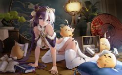 Rule 34 | 1girl, ahoge, arm support, ass, azur lane, bare shoulders, blue eyes, bonsai, book, breasts, butt crack, cleavage, cone hair bun, double bun, dress, gold trim, hair between eyes, hair bun, hairband, highres, indoors, janload1ng, kneeling, lantern, large breasts, leaf, looking at viewer, manjuu (azur lane), mirror, multicolored hair, navel, no panties, off shoulder, paint on body, paint on clothes, paintbrush, painting (action), parted lips, pillow, plant, potted plant, purple hair, sidelocks, thighhighs, thighs, twintails, two-tone hair, umbrella, white dress, white hair, white thighhighs, wooden floor, ying swei (azur lane), ying swei (snowy pine&#039;s warmth) (azur lane)