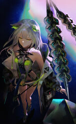 Rule 34 | 1girl, absurdres, animal ear fluff, animal ears, arknights, bare legs, bare shoulders, black footwear, black jacket, black shorts, breasts, cat ears, closed mouth, expressionless, foreshortening, from above, green eyes, grey hair, highres, jacket, kal&#039;tsit (arknights), kal&#039;tsit (remnant) (arknights), long sleeves, looking down, off shoulder, official alternate costume, open clothes, open jacket, rhodes island logo (arknights), short hair, short shorts, shorts, small breasts, solo, tsujieiri, walking, weapon