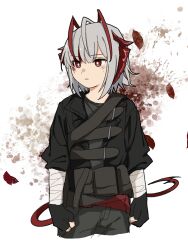 Rule 34 | 1girl, arknights, black gloves, black jacket, blood, blood on face, closed mouth, cropped legs, fingerless gloves, gloves, grey hair, grey pants, grey shirt, hair between eyes, highres, jacket, long sleeves, looking to the side, open clothes, open jacket, pants, pe3075, puffy long sleeves, puffy sleeves, red eyes, shirt, solo, tail, w (arknights), white background