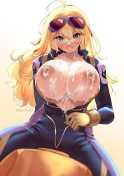 Rule 34 | 1girl, ahoge, biker clothes, bikesuit, blonde hair, bodysuit, breasts, breasts out, cum, cum on body, cum on breasts, cum on upper body, gloves, goggles, goggles on head, hair between eyes, highres, huge breasts, large breasts, long hair, lulu-chan92, motor vehicle, motorcycle, nipples, on motorcycle, open clothes, open suit, purple eyes, rwby, shoulder pads, shoulder strap, sitting, smile, solo, spread legs, straddling, unzipped, unzipping, yang xiao long, zipper