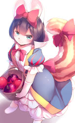 Rule 34 | 1girl, absurdres, animal ears, apple, basket, black hair, blue eyes, bow, bowtie, commentary request, duel monster, elbow gloves, fairy tail snow, food, fruit, gloves, hair between eyes, hair bow, highres, holding, holding basket, kanzakietc, looking at viewer, puffy short sleeves, puffy sleeves, red bow, red bowtie, short hair, short sleeves, simple background, smile, solo, tail, tail bow, tail ornament, white background, white gloves, yu-gi-oh!