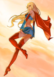 Rule 34 | 1girl, ame-comi, animification, ass, blonde hair, blue eyes, blue skirt, boots, cape, cloud, crop top, dc comics, detached sleeves, flying, halterneck, hendry prasetya, highres, kryptonian, long hair, midriff, miniskirt, red cape, red footwear, red thighhighs, shoes, skirt, skirt tug, solo, sunset, supergirl, superman (series), thigh boots, thighhighs