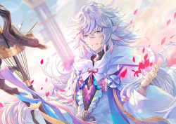 Rule 34 | 1boy, ahoge, bishounen, center frills, cloud, cloudy sky, fate/grand order, fate (series), flower, flower knot, frills, hair between eyes, hair ornament, holding, holding staff, holding weapon, hood, hood down, hooded robe, kagachi saku, long hair, long sleeves, looking at viewer, male focus, merlin (fate), multicolored hair, pants, parted lips, petals, pink ribbon, purple eyes, ribbon, robe, sky, smile, solo, staff, tassel, turtleneck, two-tone hair, upper body, very long hair, weapon, white hair, white robe, wide sleeves