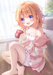 Rule 34 | 1girl, :d, bare shoulders, barefoot, blush, camisole, coffee, coffee mug, collarbone, commentary request, cup, day, feet out of frame, gochuumon wa usagi desu ka?, hands up, happy, highres, holding, holding cup, hoto cocoa, indoors, jacket, knee up, looking at viewer, medium hair, messy hair, mozukun43, mug, on floor, open clothes, open jacket, open mouth, orange hair, purple eyes, sidelighting, signature, sitting, sleeves past wrists, smile, solo, spaghetti strap, speech bubble, striped clothes, striped jacket, sunlight, tareme, translated, white camisole, window
