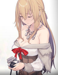 Rule 34 | 1girl, blonde hair, braid, breasts, cleavage, closed eyes, corset, crown, unworn crown, dress, elizabeth ii, flower, french braid, fuwafuwatoufu, gradient background, highres, jewelry, kantai collection, large breasts, long hair, long sleeves, mini crown, necklace, off-shoulder dress, off shoulder, red flower, red ribbon, red rose, ribbon, rose, solo, upper body, warspite (kancolle), white background, white dress
