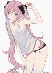 Rule 34 | 1girl, ahoge, arm up, armpits, bare arms, bare shoulders, black panties, blue eyes, bow, breasts, cowboy shot, hair bow, hand on own thigh, highres, long hair, looking at viewer, mimelond, no pants, noise, original, panties, pink hair, shirt, simple background, sleeveless, sleeveless shirt, small breasts, solo, standing, strap slip, thighhighs, thighs, twintails, underwear, very long hair, white background, white shirt, white thighhighs