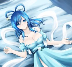 Rule 34 | 1girl, absurdres, blue dress, blue eyes, breasts, chisel, cleavage, dress, hair ornament, hair rings, hair stick, highres, hisin, kaku seiga, large breasts, looking at viewer, lying, shawl, smile, solo, touhou, vest