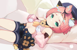 Rule 34 | 1girl, :&lt;, animal ear fluff, animal ears, armpits, bag, bangs pinned back, bed sheet, benpao de ruoji, cat ears, clothes lift, commentary request, detached sleeves, diona (genshin impact), forehead, genshin impact, gloves, green eyes, hat, highres, lifting own clothes, looking at viewer, lying, midriff, navel, paw print, pillow, pink hair, puffy detached sleeves, puffy shorts, puffy sleeves, short hair, shorts, sidelocks, solo, thick eyebrows, white gloves