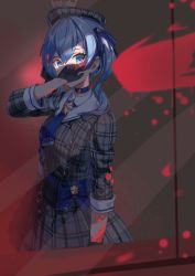 Rule 34 | 1girl, absurdres, belt, beret, black gloves, blood, blood in hair, blood on clothes, blood on face, blood splatter, blue belt, blue bow, blue choker, blue eyes, blue hair, blue necktie, blue ribbon, blue skirt, bow, breasts, buttons, choker, collared shirt, commentary, covered mouth, cowboy shot, crown, dark persona, double-breasted, dress shirt, empty eyes, english commentary, frilled skirt, frills, gloves, grey hat, grey jacket, grey skirt, hair between eyes, hair ribbon, hat, highres, hololive, hoshimachi suisei, hoshimachi suisei (1st costume), jacket, layered skirt, light blue hair, looking at viewer, medium hair, mini crown, mirror, necktie, plaid, plaid headwear, plaid jacket, plaid skirt, reflection, reulem, ribbon, shirt, skirt, small breasts, solo, standing, star (symbol), star choker, striped ribbon, two-tone skirt, virtual youtuber, white shirt, wing collar