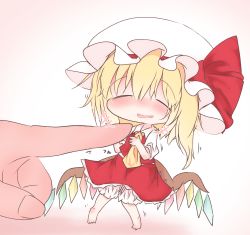 Rule 34 | +++, 1girl, :d, ascot, barefoot, blonde hair, blush, bow, breasts, chibi, closed eyes, collared shirt, commentary request, crystal, flandre scarlet, frilled hat, frilled skirt, frills, hands up, hat, hat bow, head out of frame, highres, knees together feet apart, legs apart, medium skirt, mob cap, motion lines, nose blush, open mouth, pigeon-toed, puffy short sleeves, puffy sleeves, raised eyebrows, red bow, red skirt, shirt, short hair, short sleeves, shoupon, side ponytail, simple background, size difference, skirt, skirt set, small breasts, smile, solo focus, standing, touhou, translation request, wavy mouth, white background, white hat, wing collar, wings, yellow ascot, |d