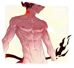 Rule 34 | 1boy, arsh (thestarwish), artist name, clenched teeth, collarbone, completely nude, dated, demon boy, demon tail, glowing, head out of frame, horns, male focus, muscular, navel, neck tattoo, nude, original, red hair, rounded corners, solo, tail, tattoo, teeth