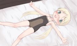 Rule 34 | 1girl, blonde hair, blush, covered navel, flat chest, glasses, green eyes, lying, made in abyss, on back, on bed, open mouth, outstretched arms, recklessdraw, riko (made in abyss), round teeth, smile, solo, spread arms, teeth, twintails